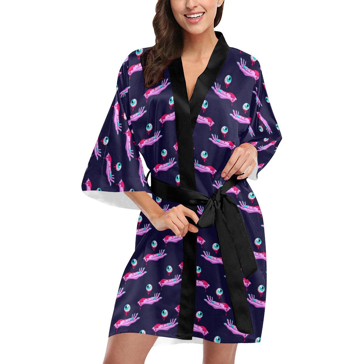Zombie Pink Hand Design Pattern Print Women Short Kimono Robe