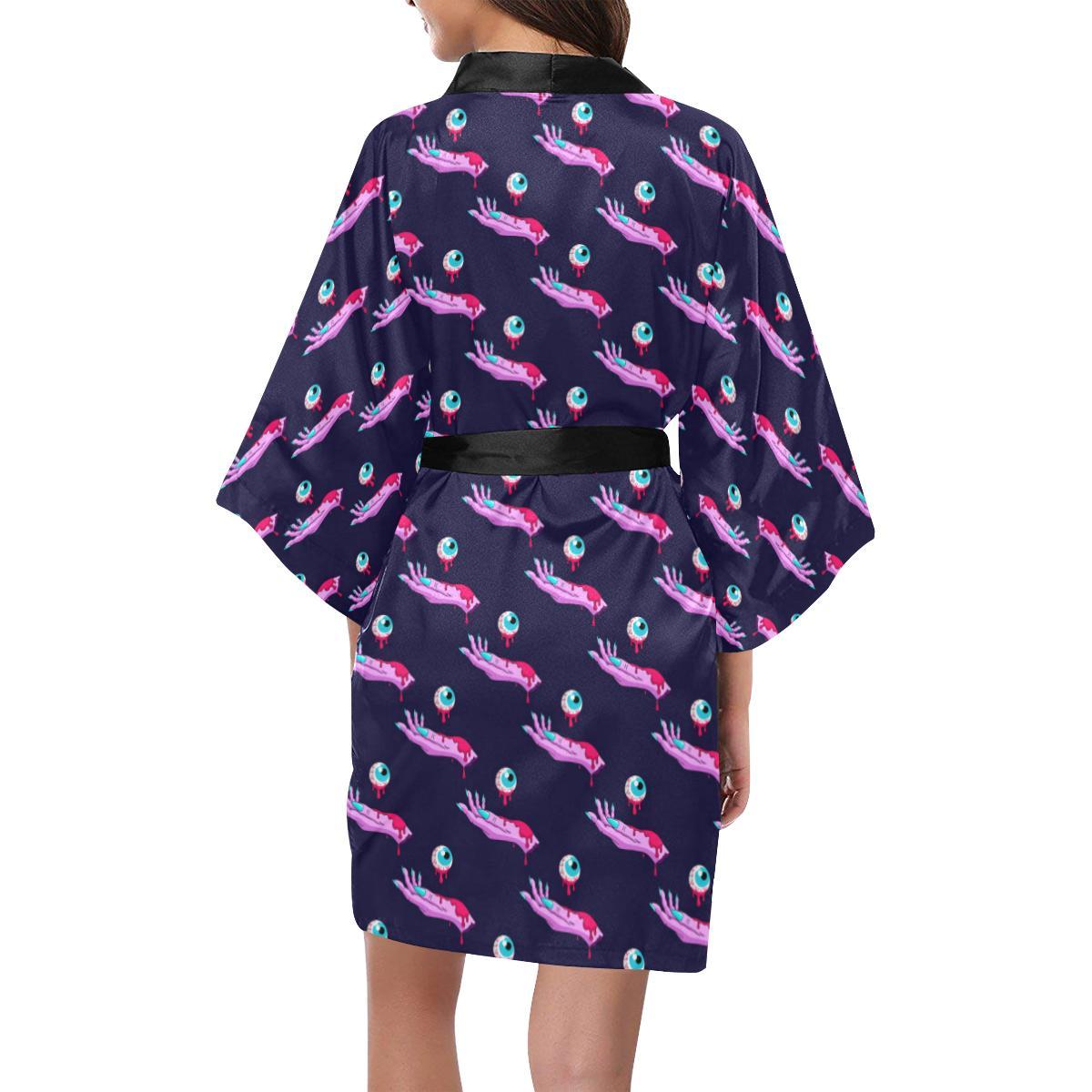 Zombie Pink Hand Design Pattern Print Women Short Kimono Robe