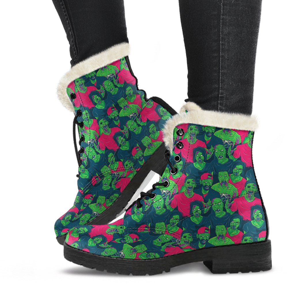 Zombie Themed Design Pattern Print Faux Fur Leather Boots-JTAMIGO.COM