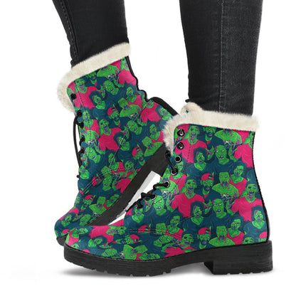 Zombie Themed Design Pattern Print Faux Fur Leather Boots-JTAMIGO.COM