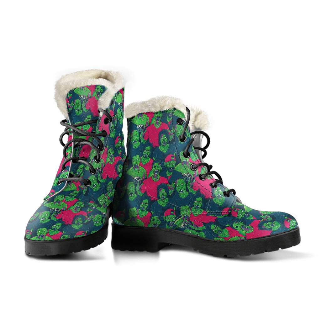 Zombie Themed Design Pattern Print Faux Fur Leather Boots-JTAMIGO.COM