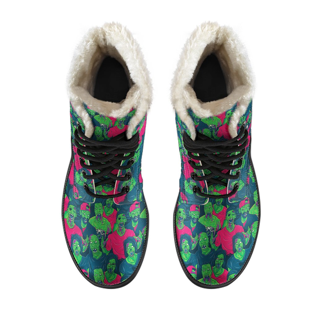 Zombie Themed Design Pattern Print Faux Fur Leather Boots-JTAMIGO.COM