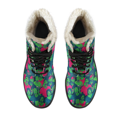 Zombie Themed Design Pattern Print Faux Fur Leather Boots-JTAMIGO.COM