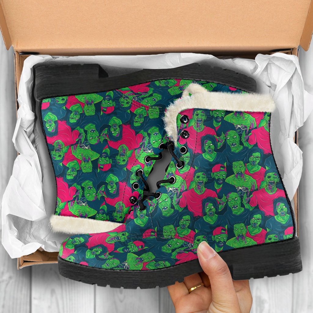 Zombie Themed Design Pattern Print Faux Fur Leather Boots-JTAMIGO.COM