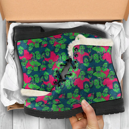 Zombie Themed Design Pattern Print Faux Fur Leather Boots-JTAMIGO.COM