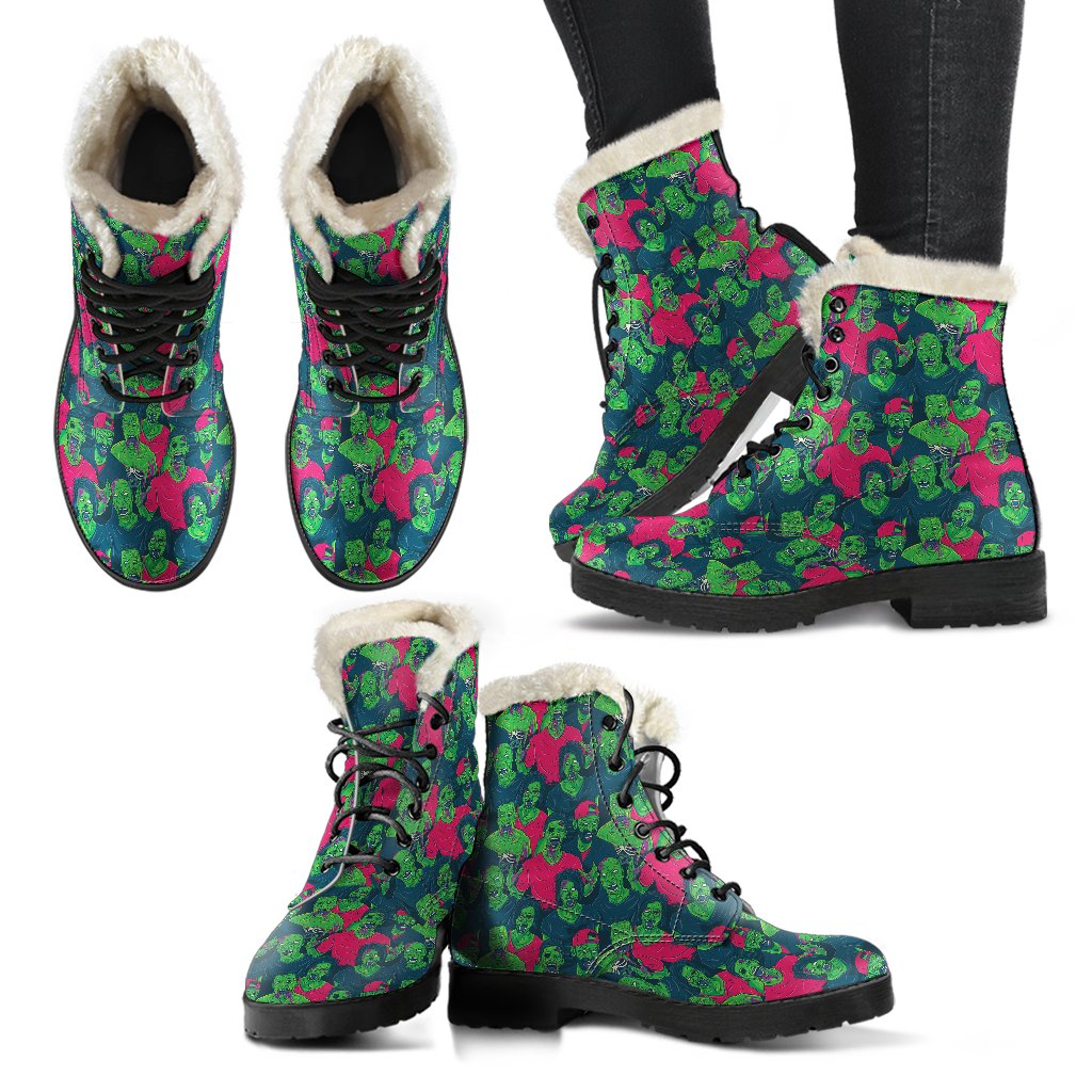 Zombie Themed Design Pattern Print Faux Fur Leather Boots-JTAMIGO.COM
