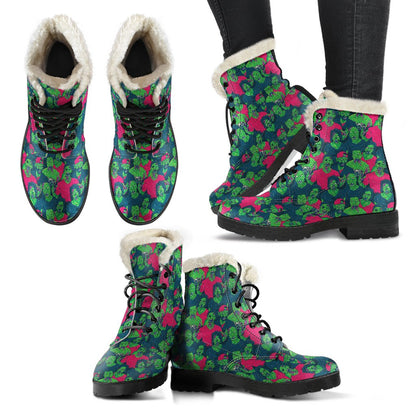 Zombie Themed Design Pattern Print Faux Fur Leather Boots-JTAMIGO.COM