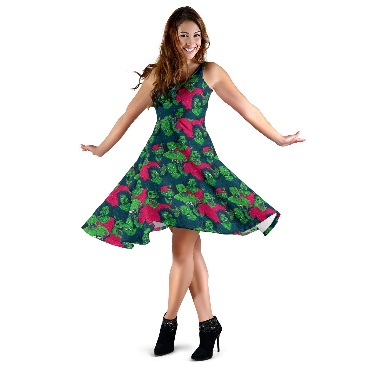 Zombie Themed Design Pattern Print Sleeveless Dress