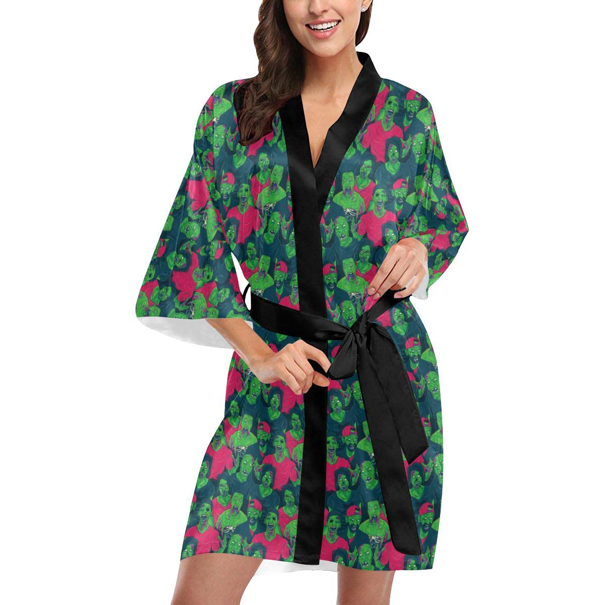 Zombie Themed Design Pattern Print Women Short Kimono Robe