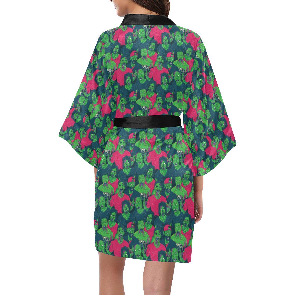 Zombie Themed Design Pattern Print Women Short Kimono Robe