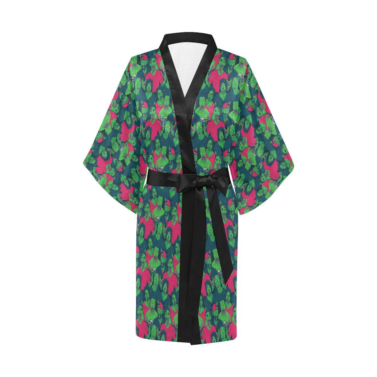 Zombie Themed Design Pattern Print Women Short Kimono Robe