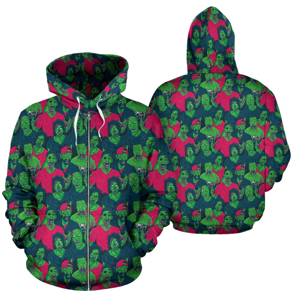 Zombie Themed Design Pattern Print Zip Up Hoodie