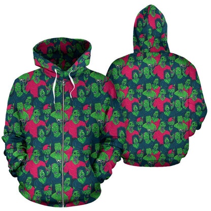 Zombie Themed Design Pattern Print Zip Up Hoodie